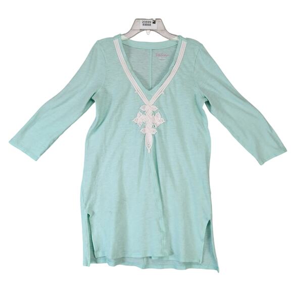 Lilly Pulitzer Mint Green Tunic Top Women's M Side Slits 3/4 Sleeve Embroidered - Picture 1 of 10